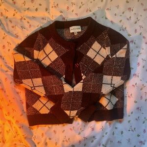 Freshman 1996 Preppy Maroon Red & Beige Cream Argyle Knit Cardigan Button Down